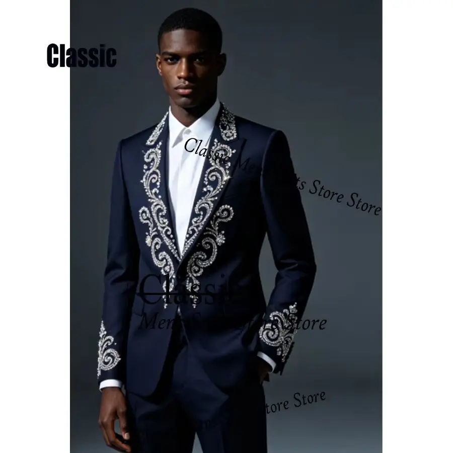 Customized Gem Diamond Men Suit 2 Pieces Set Male Party Blazers Luxury Groom Wedding Tuxedos Slim Sequins trajes para hombre