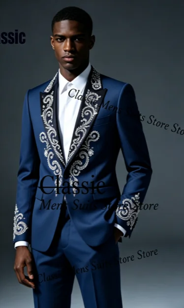 Customized Gem Diamond Men Suit 2 Pieces Set Male Party Blazers Luxury Groom Wedding Tuxedos Slim Sequins trajes para hombre
