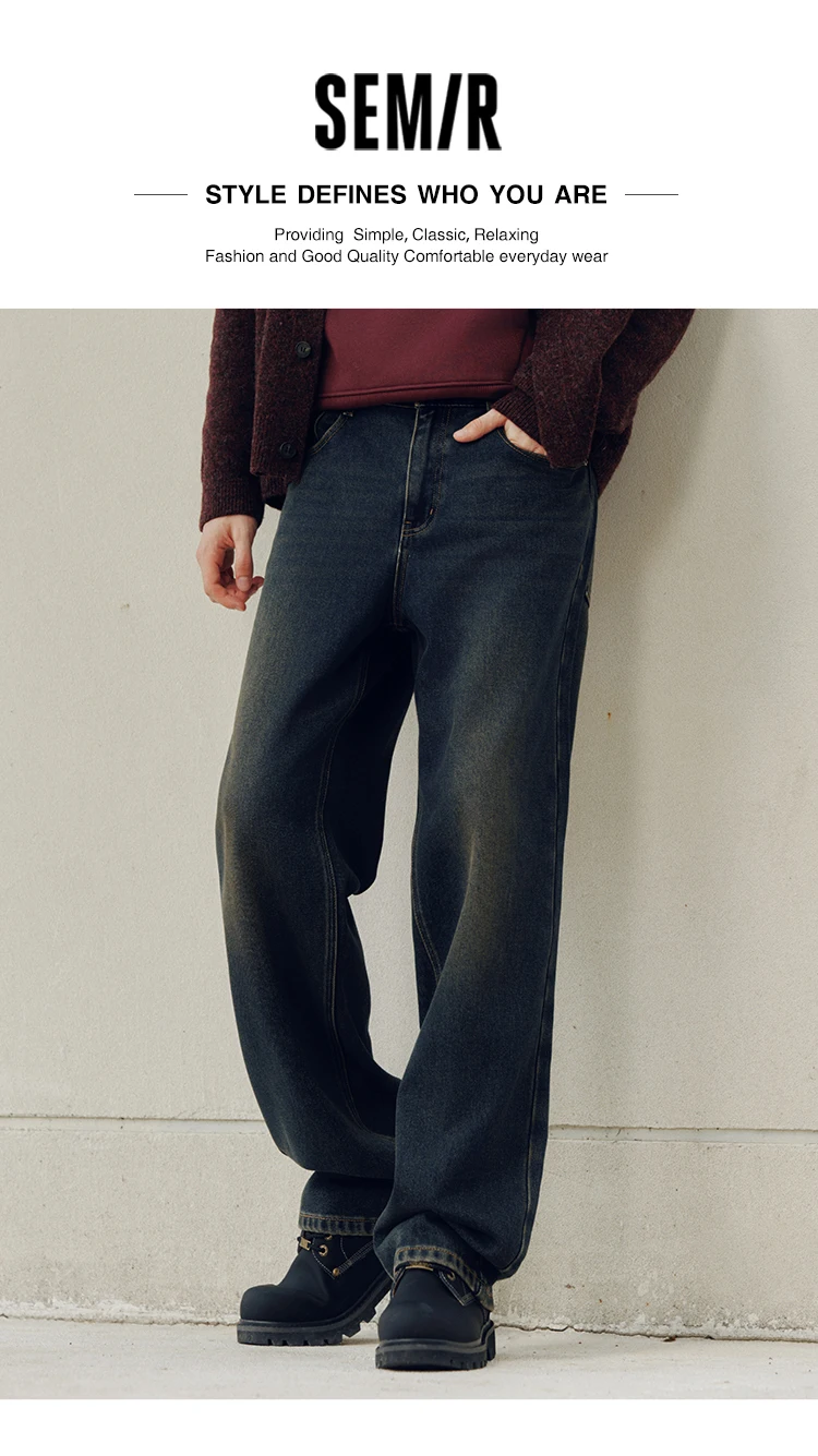 Semir Jeans Men Vintage Washed Whiskered Loose Fit Straight Leg Classic Casual Pants 2025 Autumn Winter