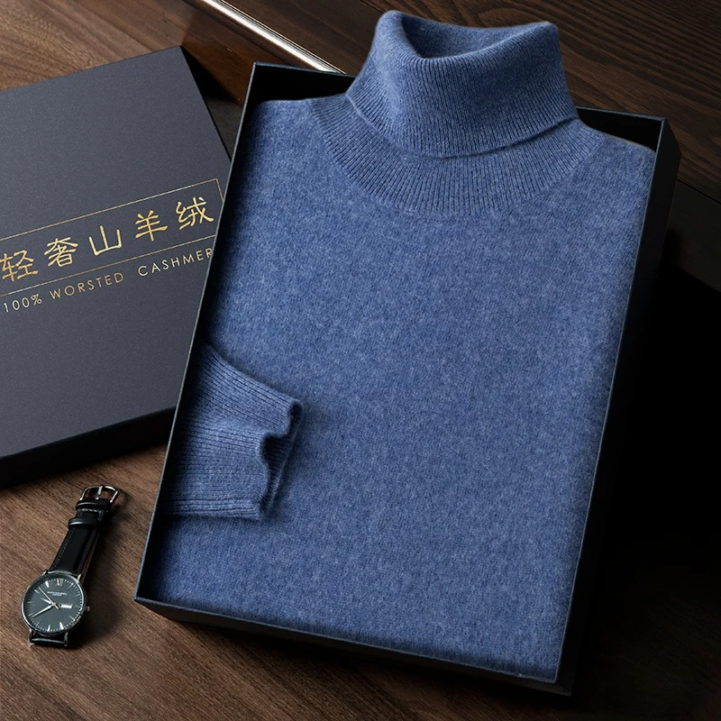 100% Pure Cashmere Sweater Men's High Collar Solid Color Pullover Fashion New Knit Undercoat Autumn and Winter Long Sleeve