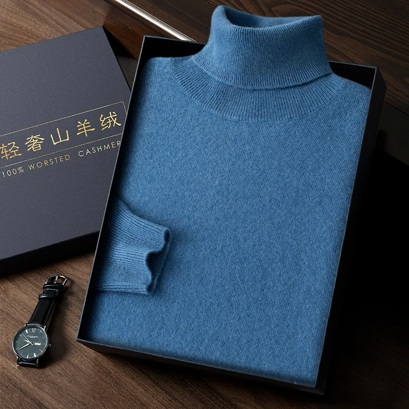 100% Pure Cashmere Sweater Men's High Collar Solid Color Pullover Fashion New Knit Undercoat Autumn and Winter Long Sleeve
