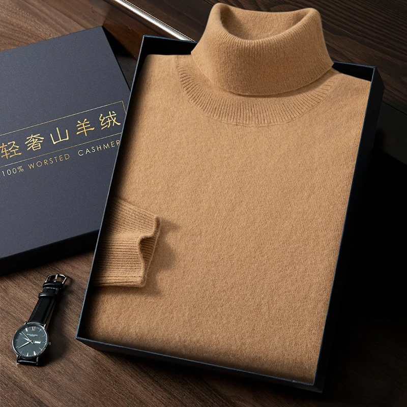 100% Pure Cashmere Sweater Men's High Collar Solid Color Pullover Fashion New Knit Undercoat Autumn and Winter Long Sleeve