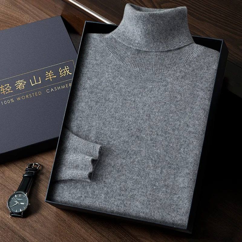 100% Pure Cashmere Sweater Men's High Collar Solid Color Pullover Fashion New Knit Undercoat Autumn and Winter Long Sleeve