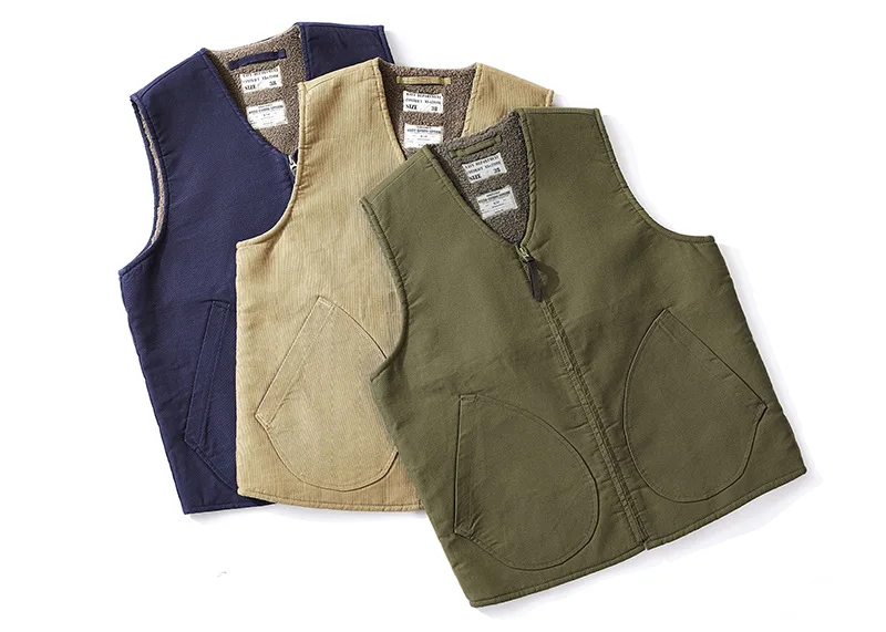 OK0403 Lamb Fleece Vest Men Winter Thicken Sport Outwear Keep Warm Zipper Pocket Decoration Solid Color Waistcoat