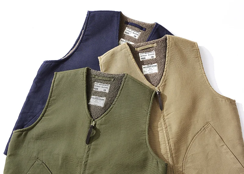 OK0403 Lamb Fleece Vest Men Winter Thicken Sport Outwear Keep Warm Zipper Pocket Decoration Solid Color Waistcoat