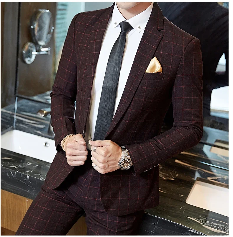 2025 Suit (Blazer+ Pants) Men's Boutique Fashion, Business Gentleman, Slim Fit, Outdoor Wedding, Plaid Trend, Banquet Suit