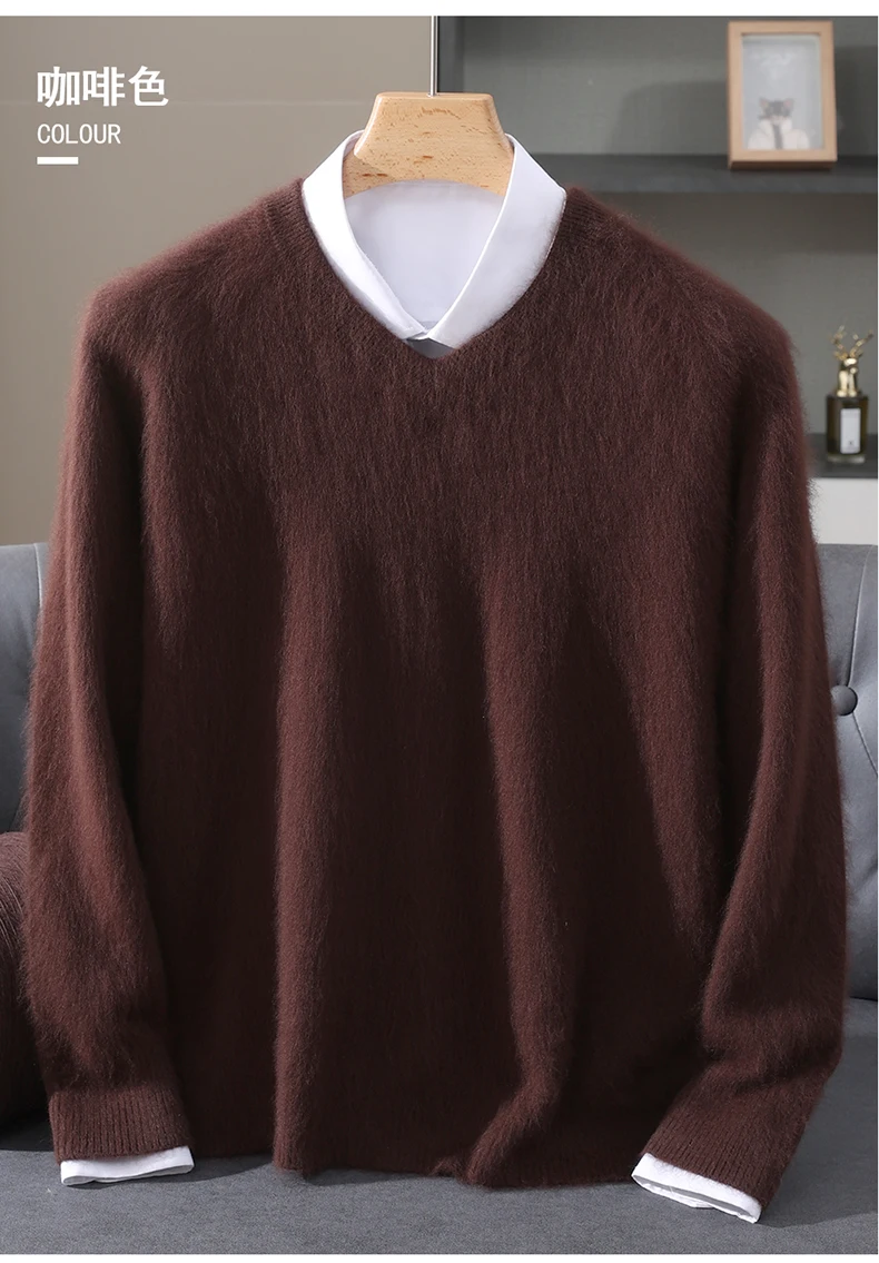Men's 100% Pure Mink Cashmere Sweater V-neck Pullover Knit Bottoming Shirt Autumn And Winter New Long-Sleeve High-End Mink Tops