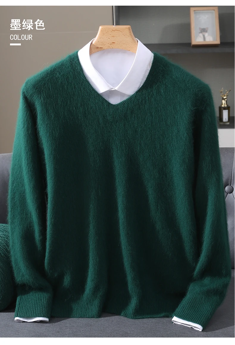Men's 100% Pure Mink Cashmere Sweater V-neck Pullover Knit Bottoming Shirt Autumn And Winter New Long-Sleeve High-End Mink Tops