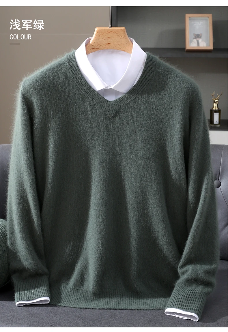 Men's 100% Pure Mink Cashmere Sweater V-neck Pullover Knit Bottoming Shirt Autumn And Winter New Long-Sleeve High-End Mink Tops