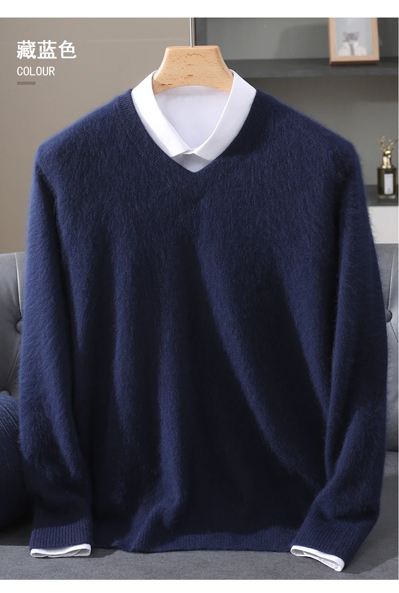 Men's 100% Pure Mink Cashmere Sweater V-neck Pullover Knit Bottoming Shirt Autumn And Winter New Long-Sleeve High-End Mink Tops