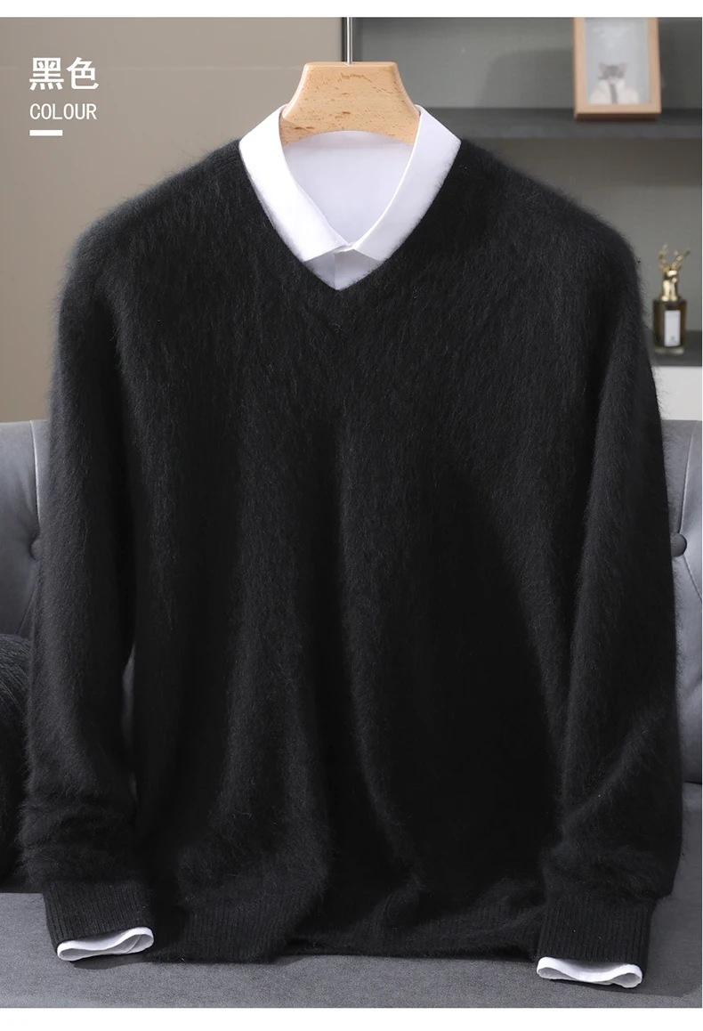 Men's 100% Pure Mink Cashmere Sweater V-neck Pullover Knit Bottoming Shirt Autumn And Winter New Long-Sleeve High-End Mink Tops