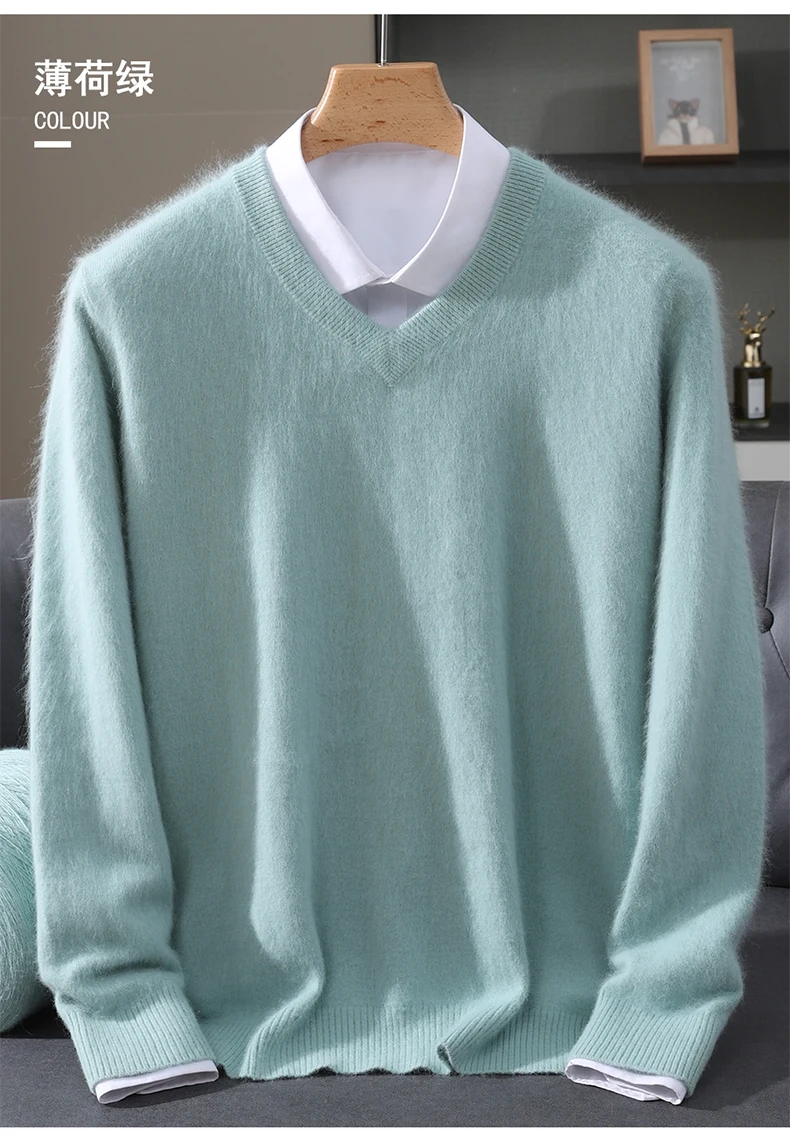 Men's 100% Pure Mink Cashmere Sweater V-neck Pullover Knit Bottoming Shirt Autumn And Winter New Long-Sleeve High-End Mink Tops
