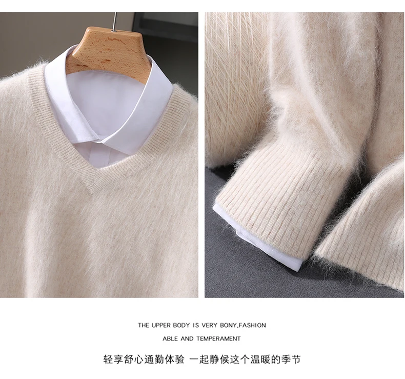 Men's 100% Pure Mink Cashmere Sweater V-neck Pullover Knit Bottoming Shirt Autumn And Winter New Long-Sleeve High-End Mink Tops