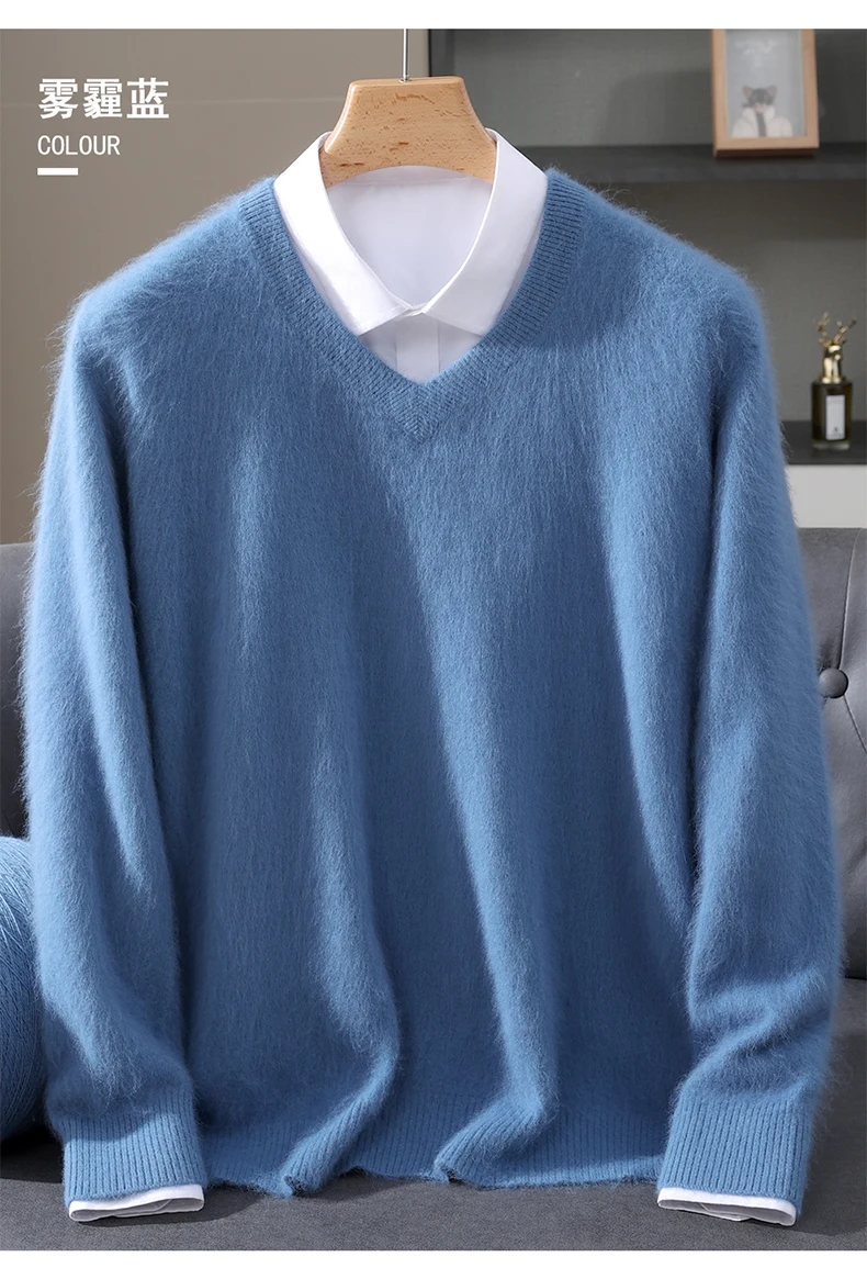 Men's 100% Pure Mink Cashmere Sweater V-neck Pullover Knit Bottoming Shirt Autumn And Winter New Long-Sleeve High-End Mink Tops