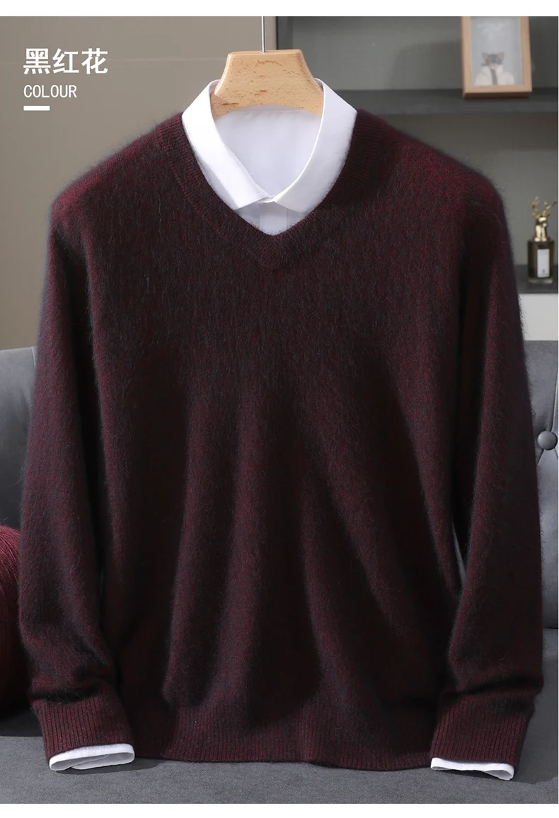 Men's 100% Pure Mink Cashmere Sweater V-neck Pullover Knit Bottoming Shirt Autumn And Winter New Long-Sleeve High-End Mink Tops