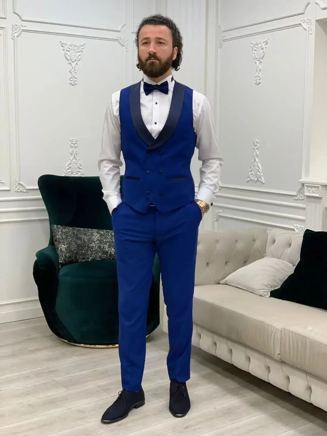 Royal blue Men Suits Slim Fit 3 Piece Double Breasted Suit Men Wedding Prom Party Business(Blazer+Vest+Pants)