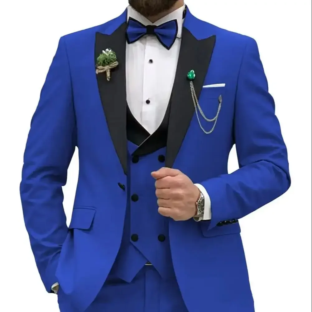 Royal blue Men Suits Slim Fit 3 Piece Double Breasted Suit Men Wedding Prom Party Business(Blazer+Vest+Pants)