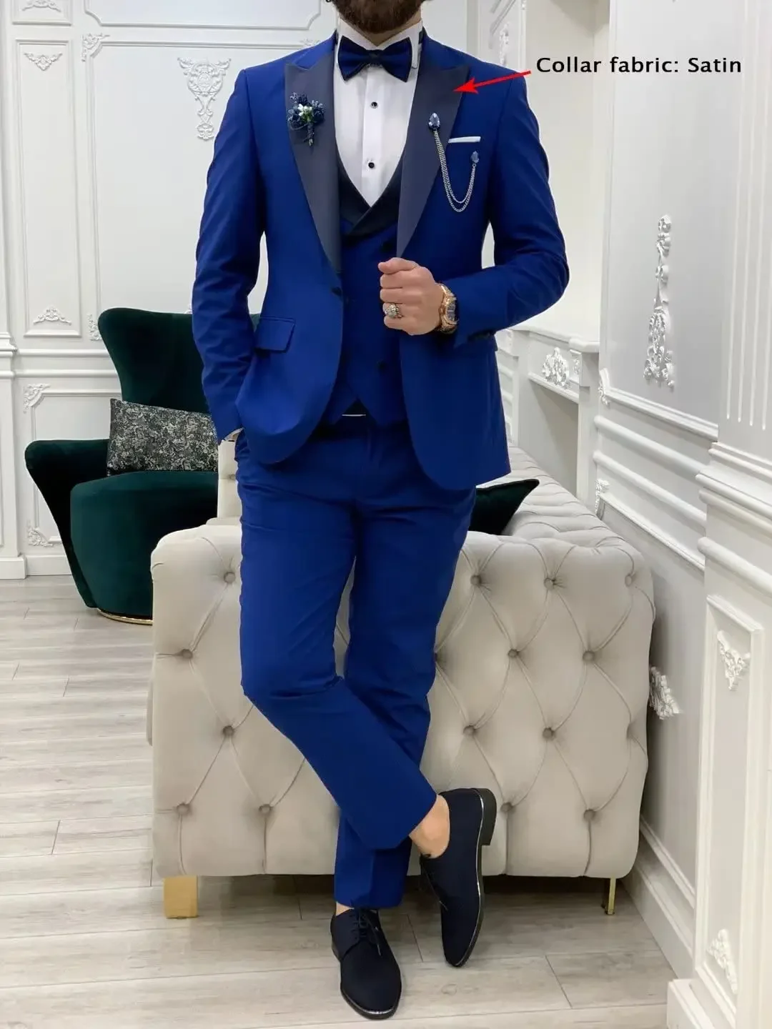 Royal blue Men Suits Slim Fit 3 Piece Double Breasted Suit Men Wedding Prom Party Business(Blazer+Vest+Pants)