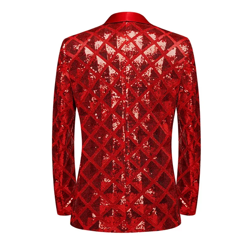 Fashion Singer Luxury Sequin Suit One Button Jacket Blue / Red / Silver Men Dance Party Bar KTV Trend Casual Large Plaid Blazers