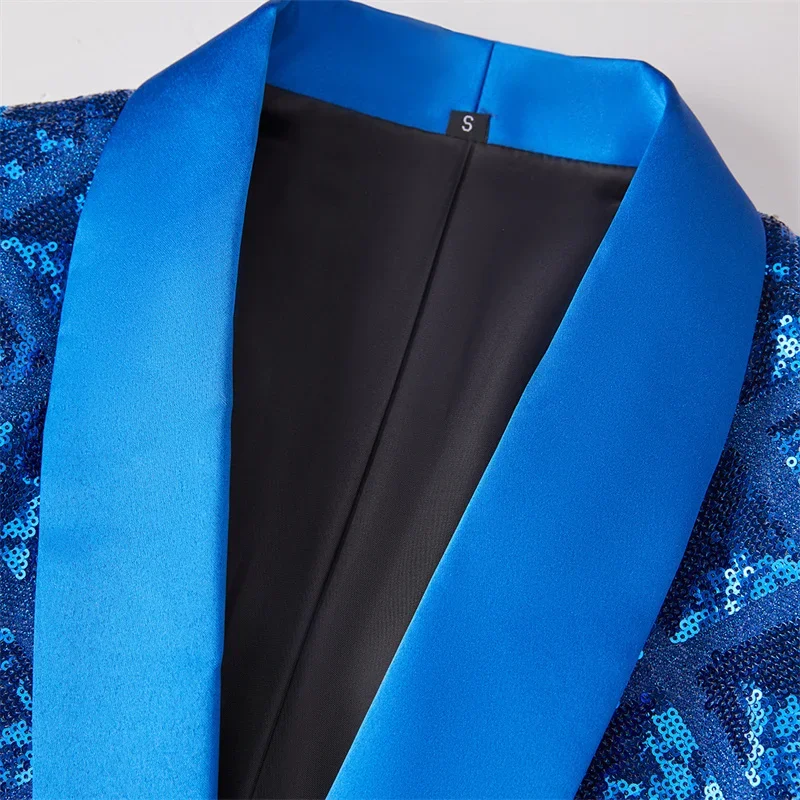 Fashion Singer Luxury Sequin Suit One Button Jacket Blue / Red / Silver Men Dance Party Bar KTV Trend Casual Large Plaid Blazers