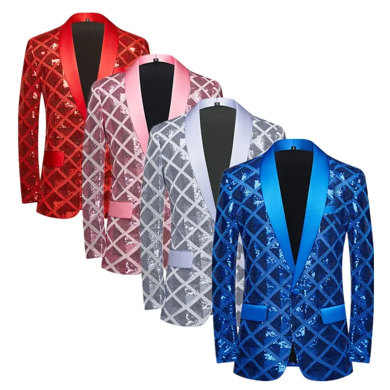 Fashion Singer Luxury Sequin Suit One Button Jacket Blue / Red / Silver Men Dance Party Bar KTV Trend Casual Large Plaid Blazers