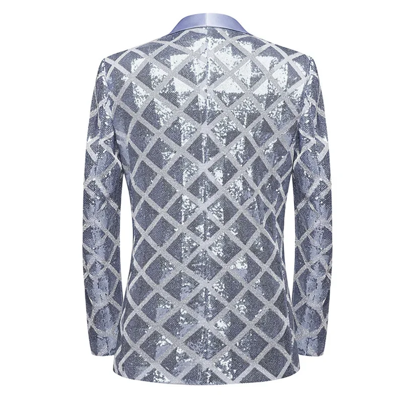 Fashion Singer Luxury Sequin Suit One Button Jacket Blue / Red / Silver Men Dance Party Bar KTV Trend Casual Large Plaid Blazers