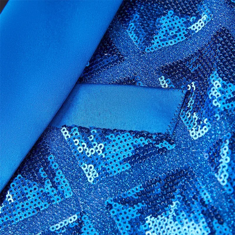 Fashion Singer Luxury Sequin Suit One Button Jacket Blue / Red / Silver Men Dance Party Bar KTV Trend Casual Large Plaid Blazers