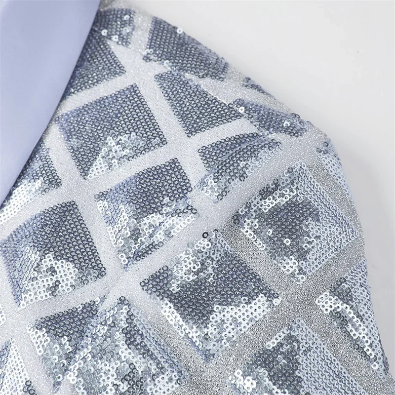 Fashion Singer Luxury Sequin Suit One Button Jacket Blue / Red / Silver Men Dance Party Bar KTV Trend Casual Large Plaid Blazers