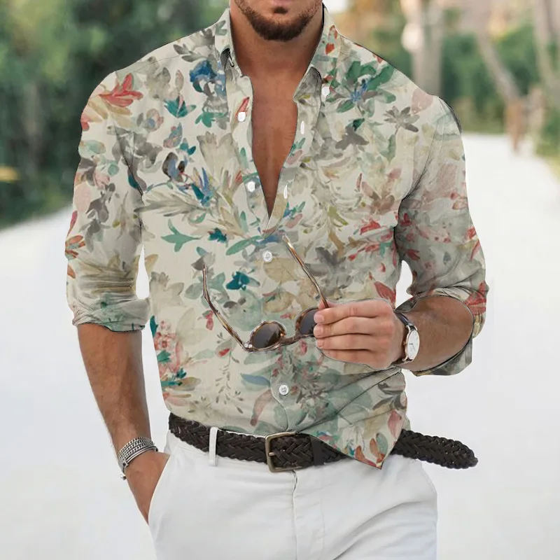 Spring and autumn fashion men's long sleeved Hawaiian shirt men's 3D printed flower shirt men's trendy top