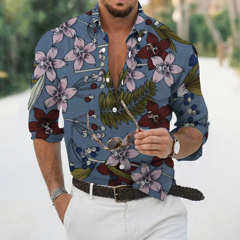 Spring and autumn fashion men's long sleeved Hawaiian shirt men's 3D printed flower shirt men's trendy top