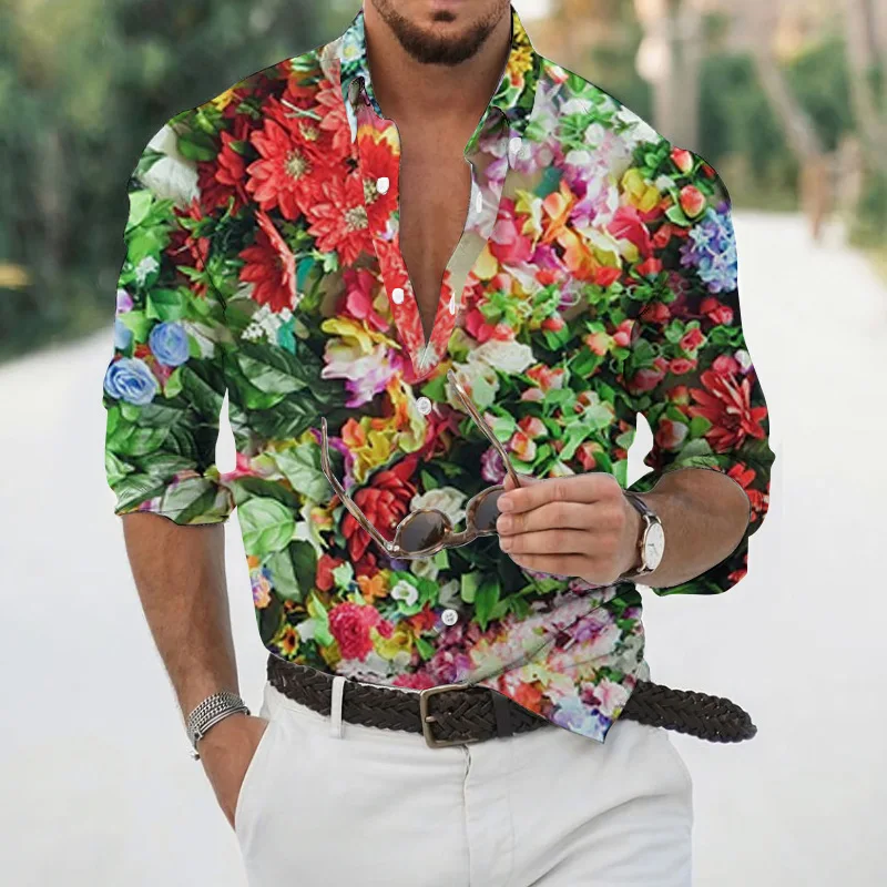 Spring and autumn fashion men's long sleeved Hawaiian shirt men's 3D printed flower shirt men's trendy top