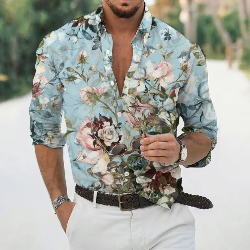 Spring and autumn fashion men's long sleeved Hawaiian shirt men's 3D printed flower shirt men's trendy top
