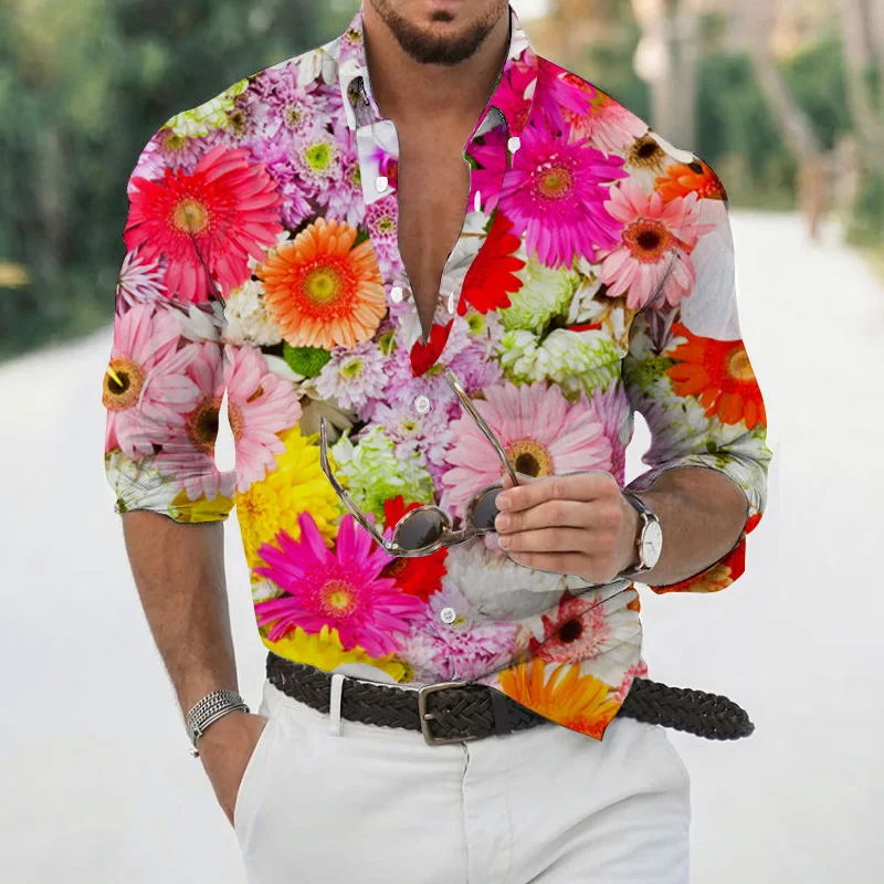Spring and autumn fashion men's long sleeved Hawaiian shirt men's 3D printed flower shirt men's trendy top