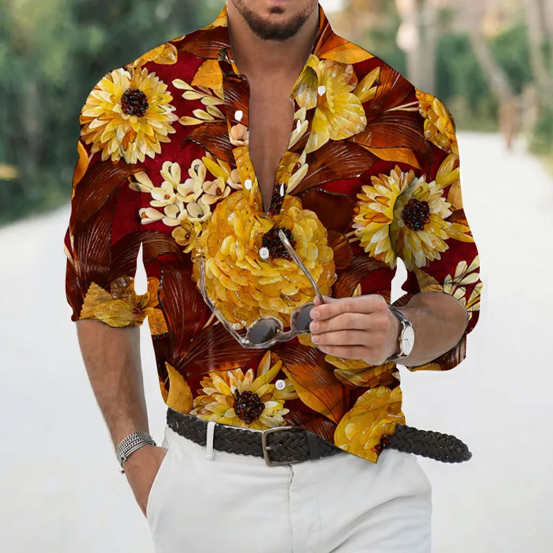 Spring and autumn fashion men's long sleeved Hawaiian shirt men's 3D printed flower shirt men's trendy top