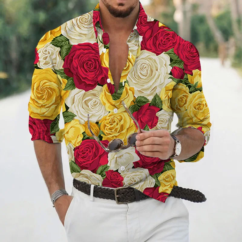 Spring and autumn fashion men's long sleeved Hawaiian shirt men's 3D printed flower shirt men's trendy top