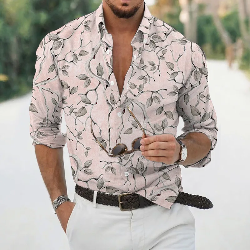 Spring and autumn fashion men's long sleeved Hawaiian shirt men's 3D printed flower shirt men's trendy top