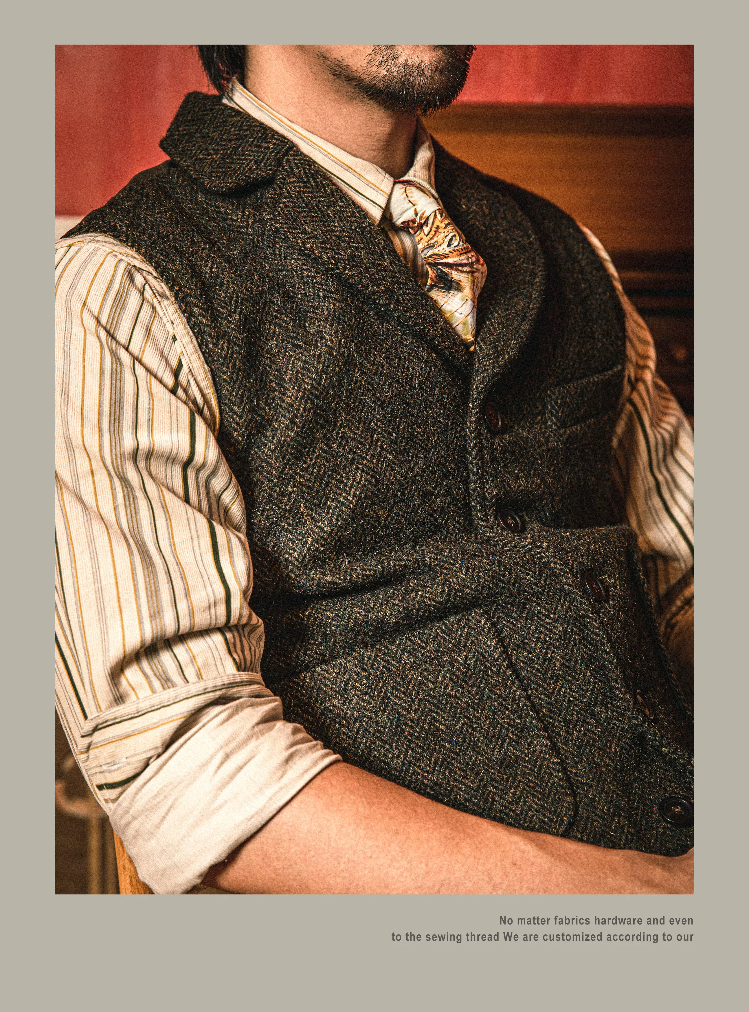 MJ-0004B 100% Wool Vintage Stylish Waistcoat 560 GSM Mens Casual Tweed Vest Red Tornado