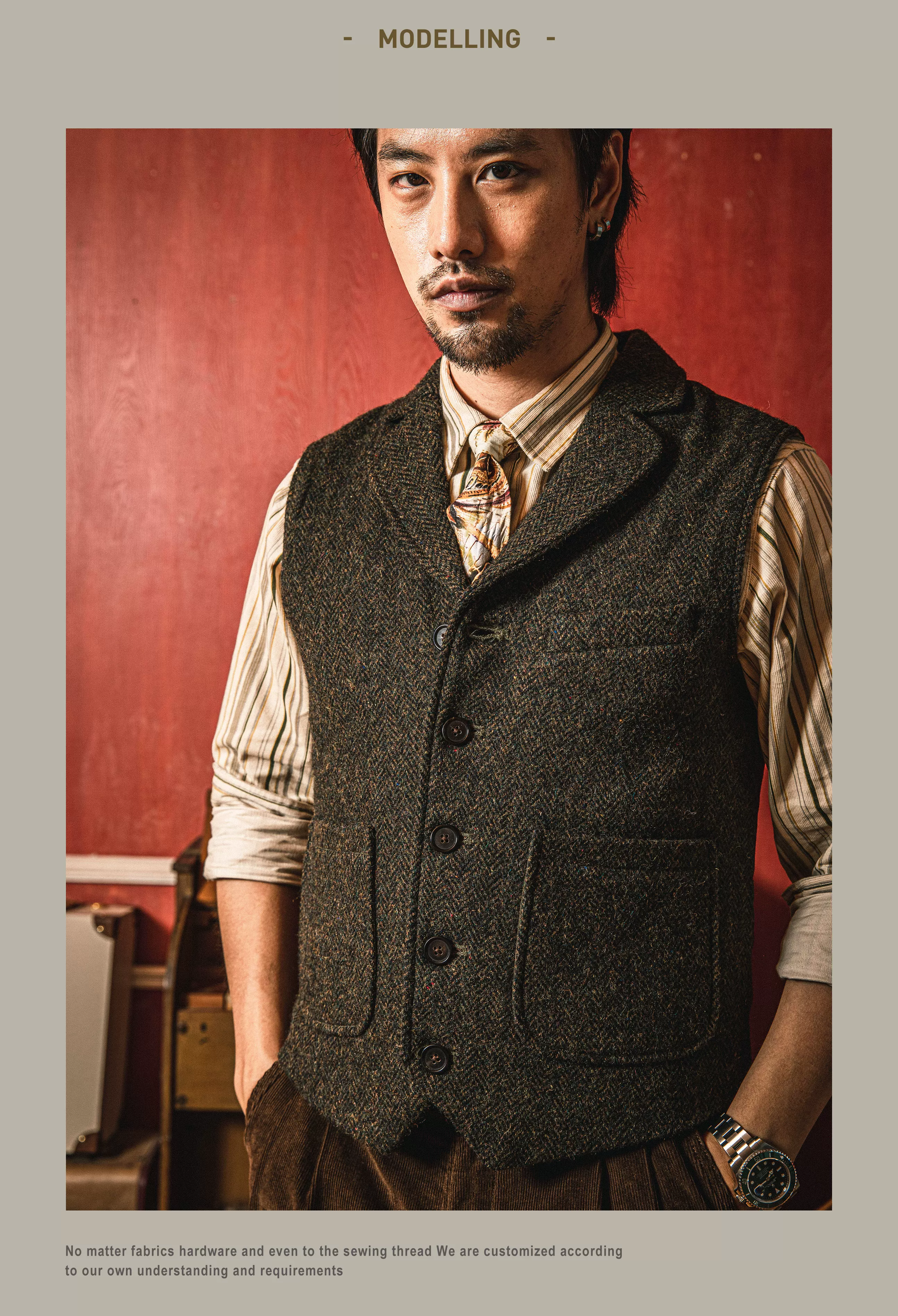MJ-0004B 100% Wool Vintage Stylish Waistcoat 560 GSM Mens Casual Tweed Vest Red Tornado