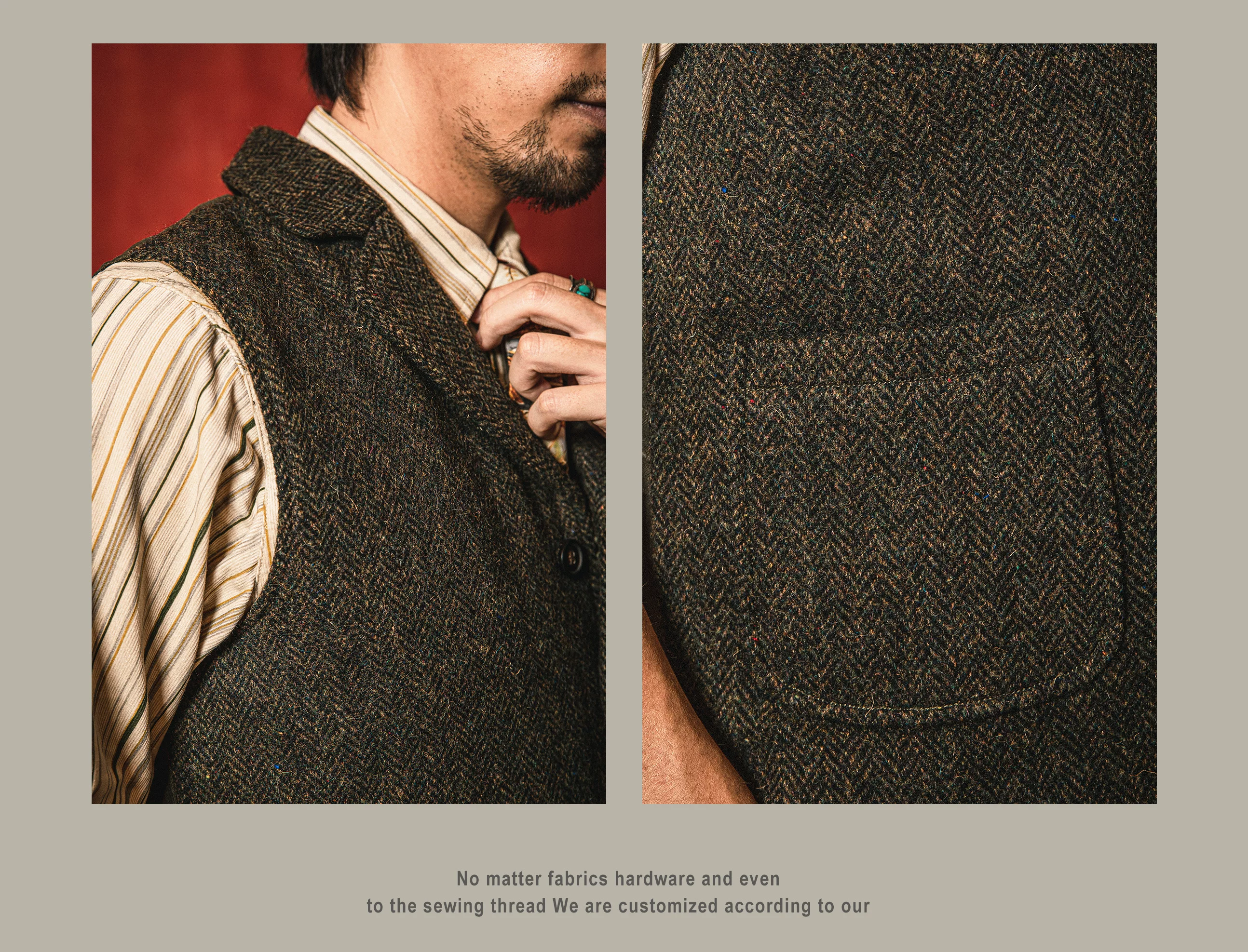 MJ-0004B 100% Wool Vintage Stylish Waistcoat 560 GSM Mens Casual Tweed Vest Red Tornado