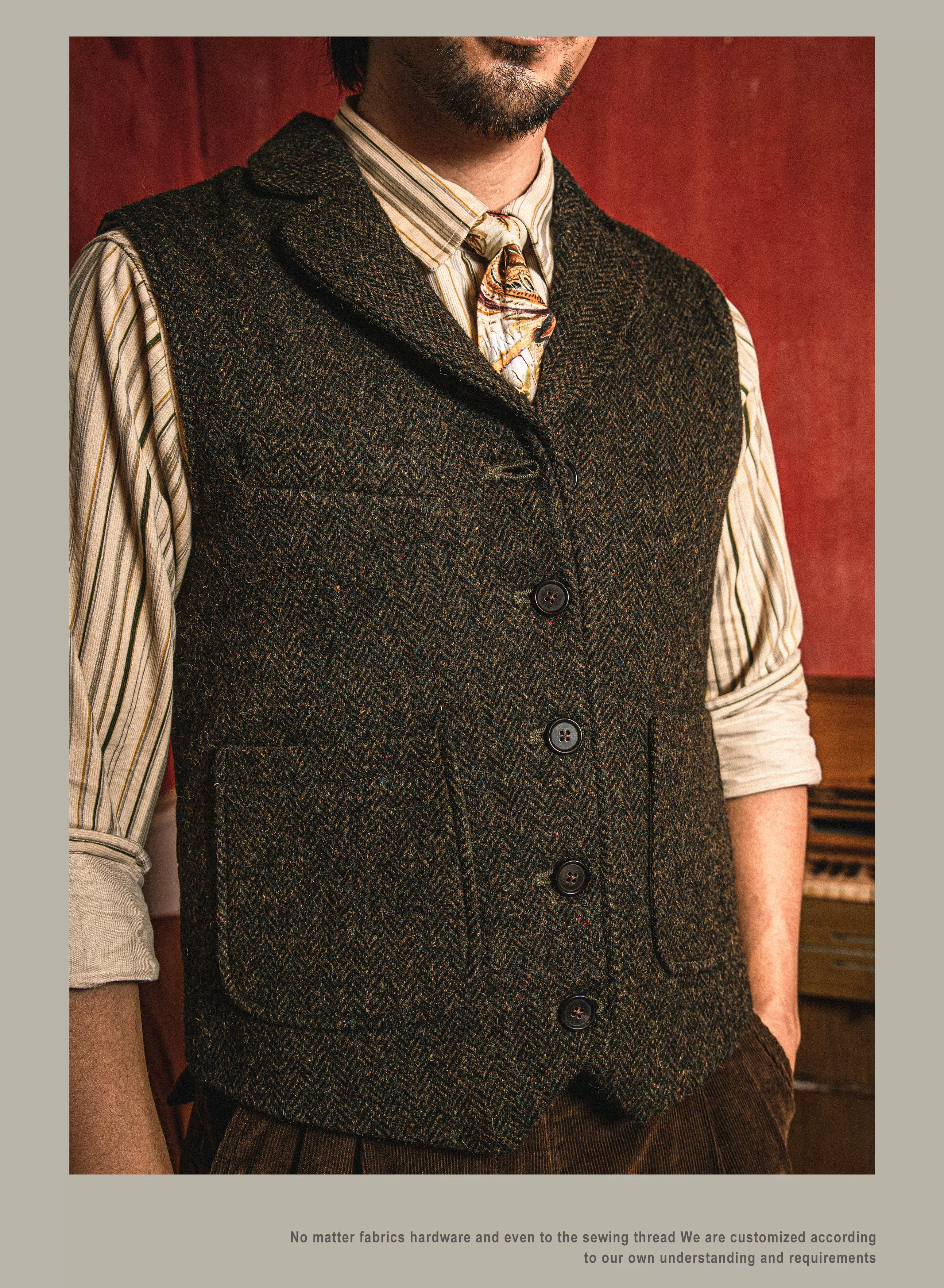 MJ-0004B 100% Wool Vintage Stylish Waistcoat 560 GSM Mens Casual Tweed Vest Red Tornado