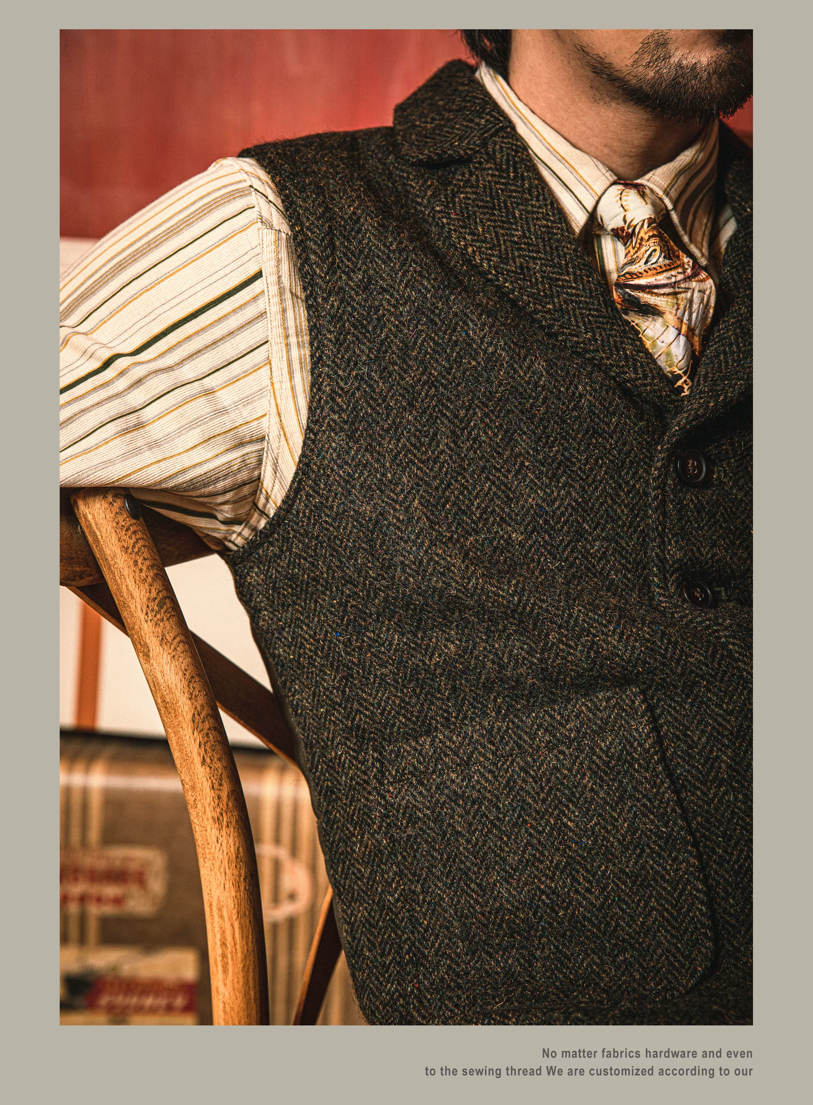 MJ-0004B 100% Wool Vintage Stylish Waistcoat 560 GSM Mens Casual Tweed Vest Red Tornado