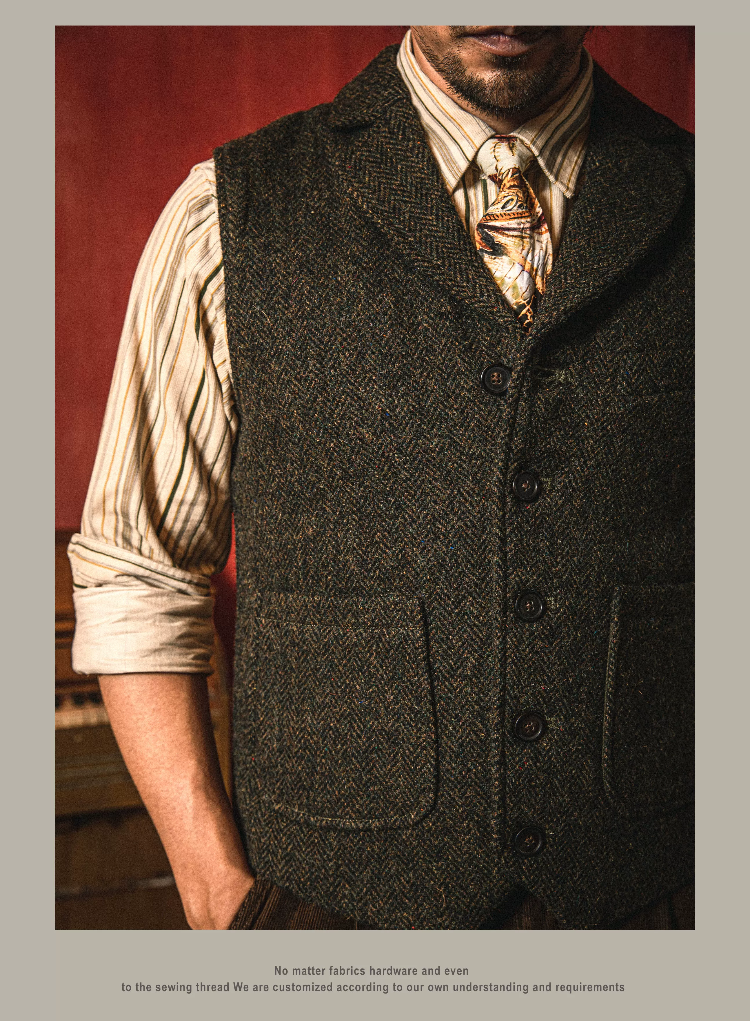MJ-0004B 100% Wool Vintage Stylish Waistcoat 560 GSM Mens Casual Tweed Vest Red Tornado
