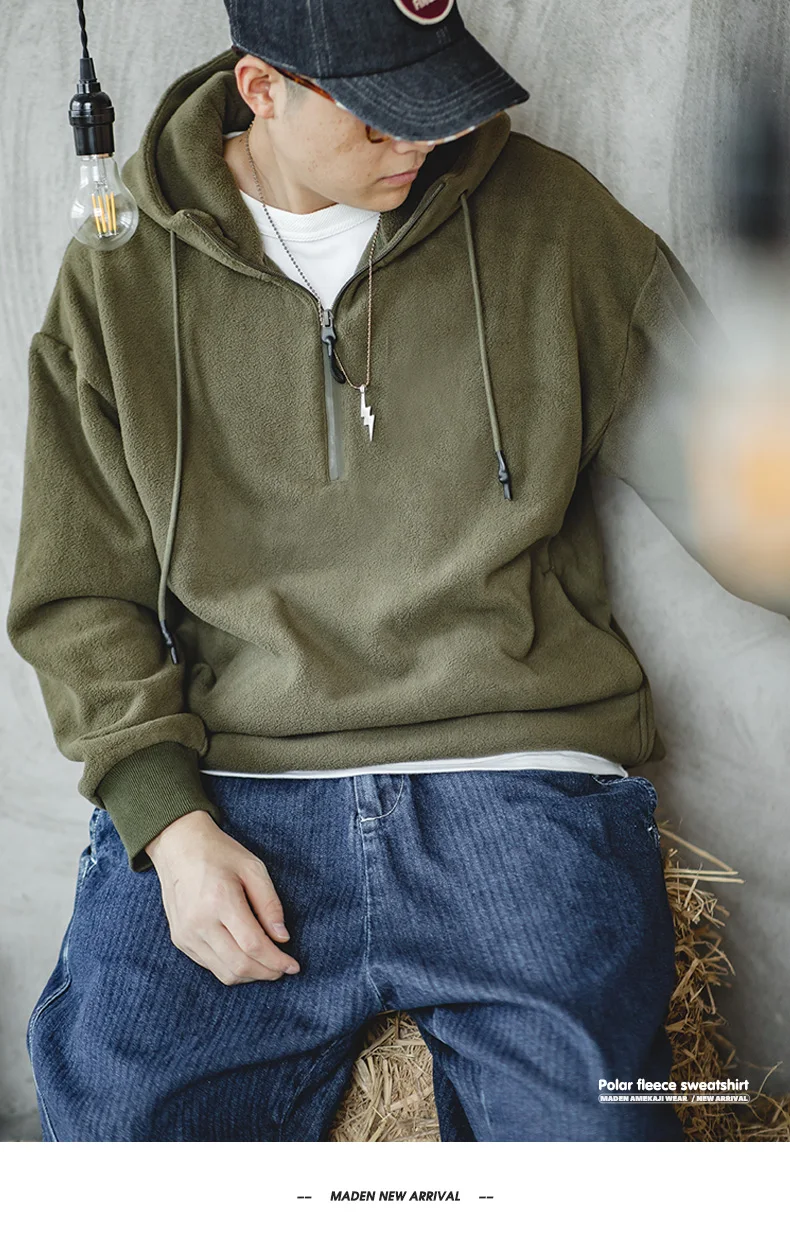 Maden Double-sided Polar Fleece Sweatshirt for Men Thickened Warm Hoodies Autumn and Winter Solid Color Straight-fit Outerwear