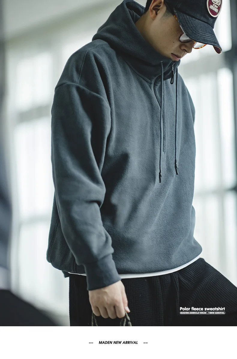 Maden Double-sided Polar Fleece Sweatshirt for Men Thickened Warm Hoodies Autumn and Winter Solid Color Straight-fit Outerwear