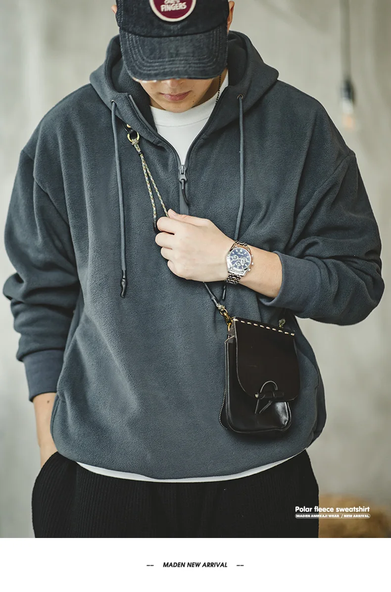 Maden Double-sided Polar Fleece Sweatshirt for Men Thickened Warm Hoodies Autumn and Winter Solid Color Straight-fit Outerwear