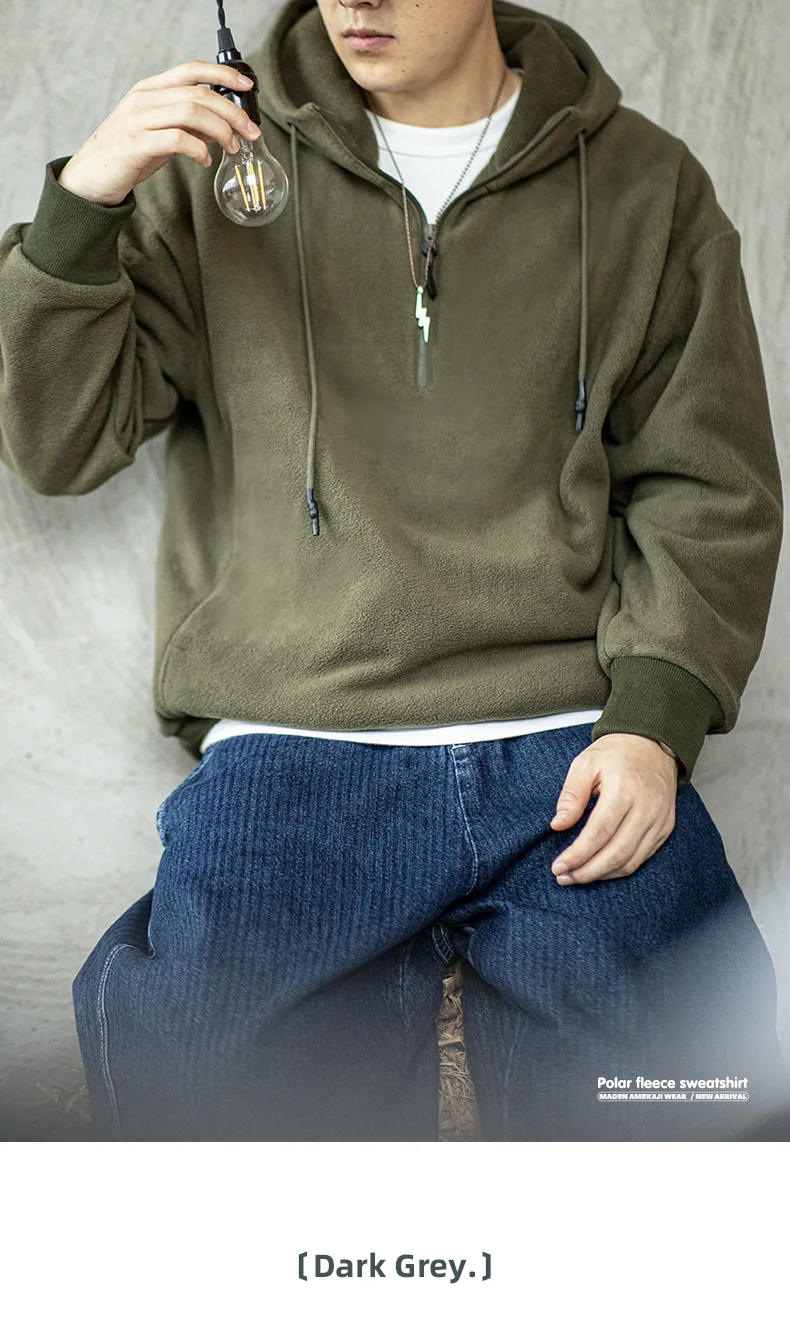 Maden Double-sided Polar Fleece Sweatshirt for Men Thickened Warm Hoodies Autumn and Winter Solid Color Straight-fit Outerwear