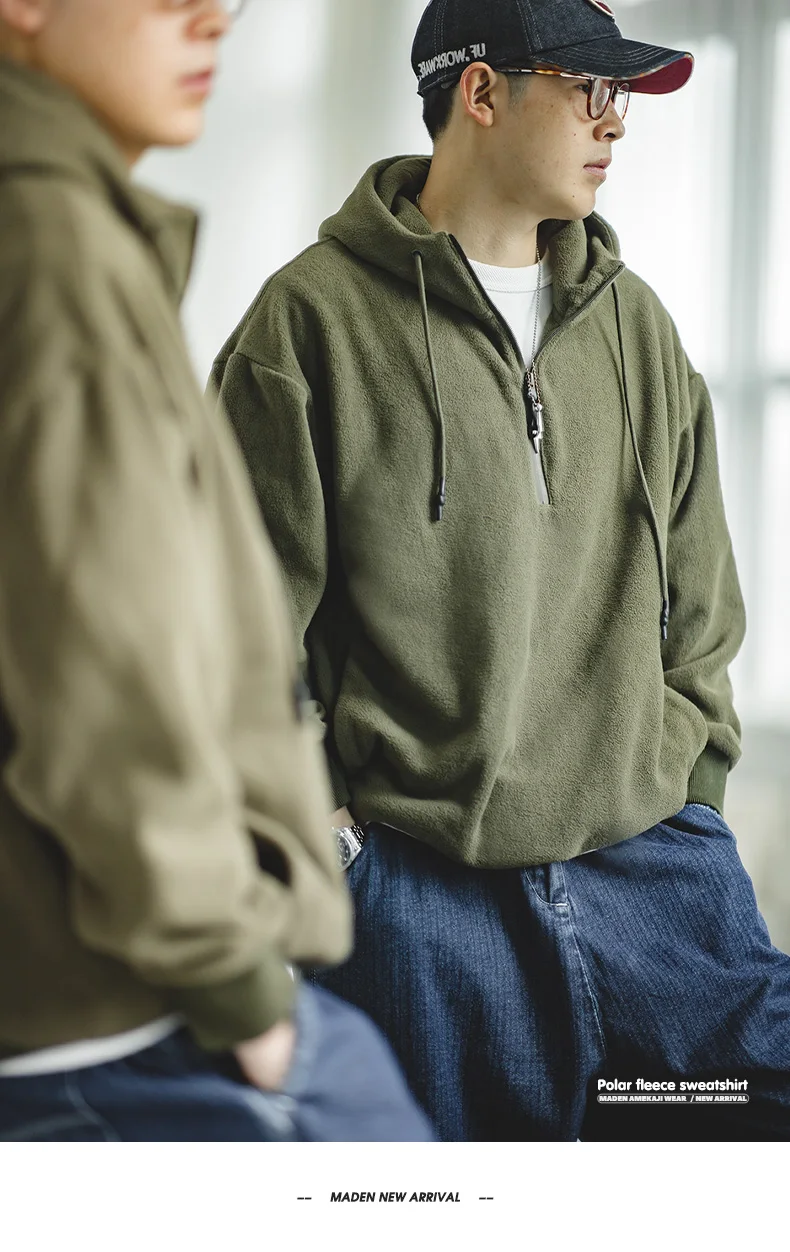 Maden Double-sided Polar Fleece Sweatshirt for Men Thickened Warm Hoodies Autumn and Winter Solid Color Straight-fit Outerwear