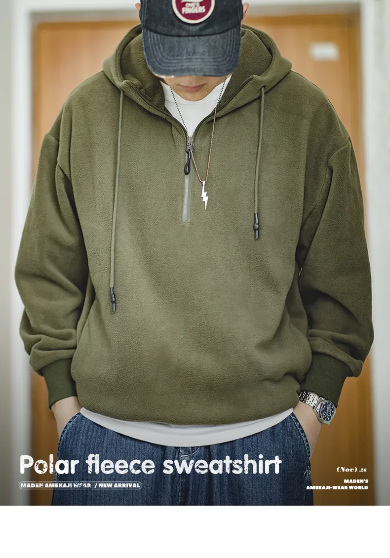 Maden Double-sided Polar Fleece Sweatshirt for Men Thickened Warm Hoodies Autumn and Winter Solid Color Straight-fit Outerwear