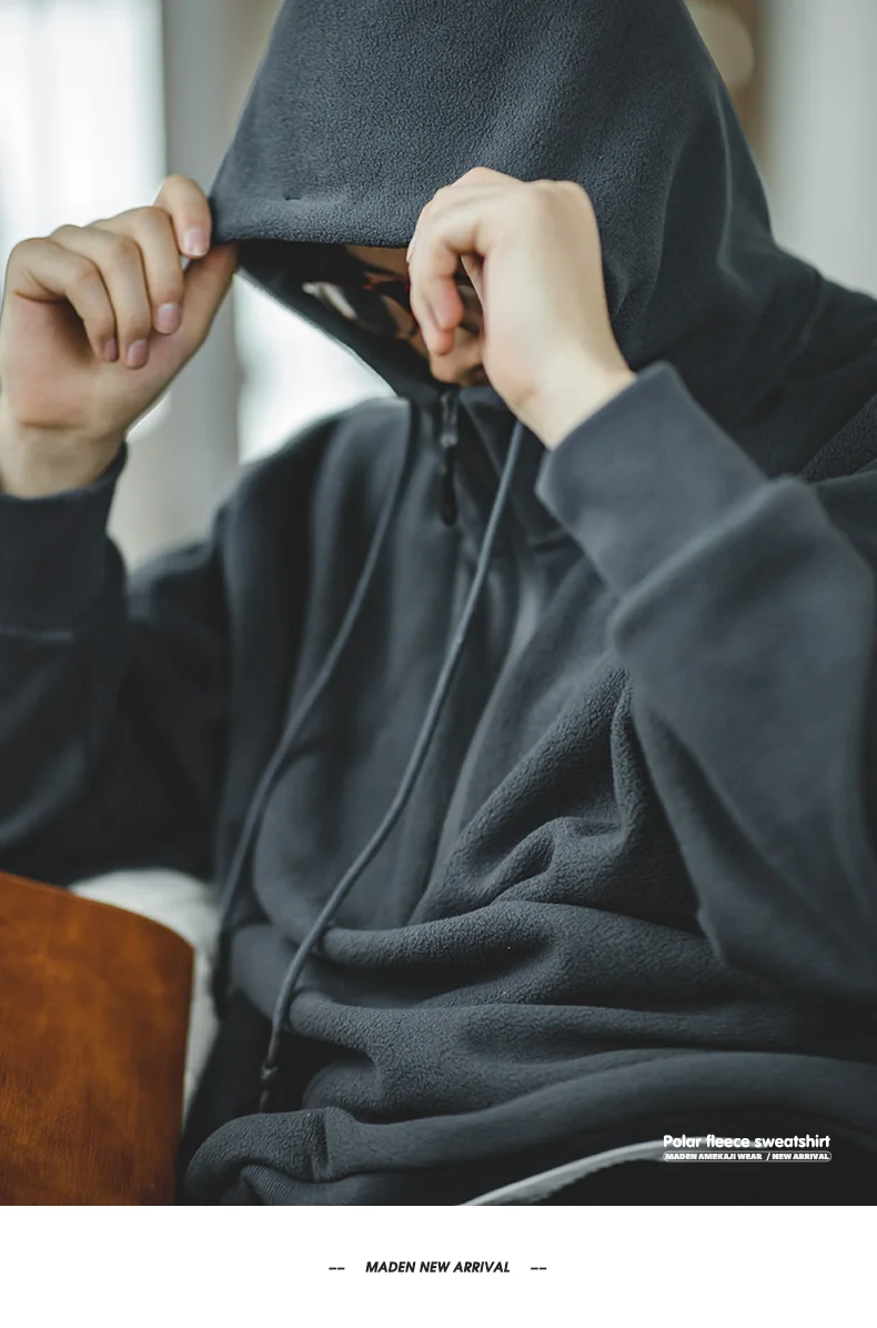 Maden Double-sided Polar Fleece Sweatshirt for Men Thickened Warm Hoodies Autumn and Winter Solid Color Straight-fit Outerwear