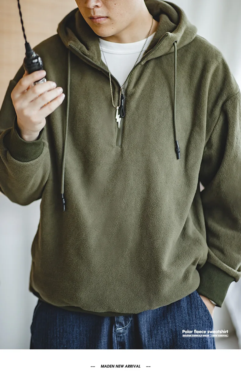 Maden Double-sided Polar Fleece Sweatshirt for Men Thickened Warm Hoodies Autumn and Winter Solid Color Straight-fit Outerwear